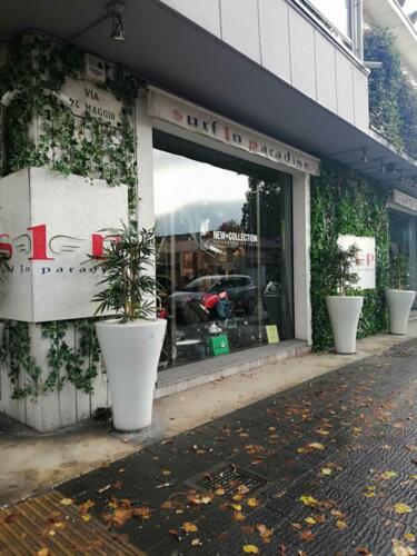 Allestimento giardino verticale artificiale da esterno presso negozio abbigliamento Surf In Paradise di Parma