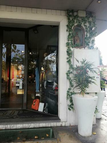 Allestimento giardino verticale artificiale da esterno presso negozio abbigliamento Surf In Paradise di Parma