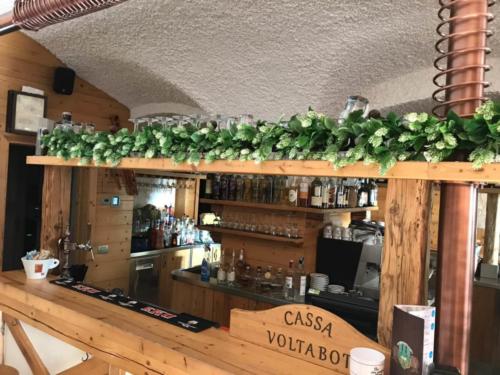 Allestimento fiori, piante e luppoli artificiali bancone pub birreria Al Voltabot di Folgaria