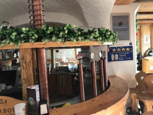 Allestimento fiori, piante e luppoli artificiali bancone pub birreria Al Voltabot di Folgaria