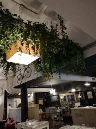 Allestimento fiori, piante artificiali presso Ristorante a Olgiata di Roma con piante cadenti in sospensione su soffitto