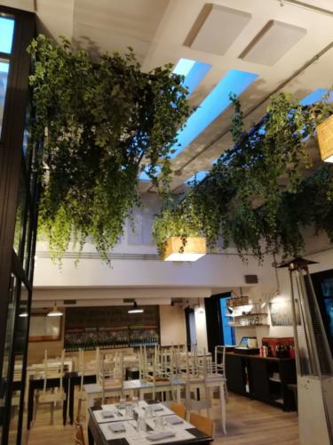 Allestimento fiori, piante artificiali presso Ristorante a Olgiata di Roma con piante cadenti in sospensione su soffitto